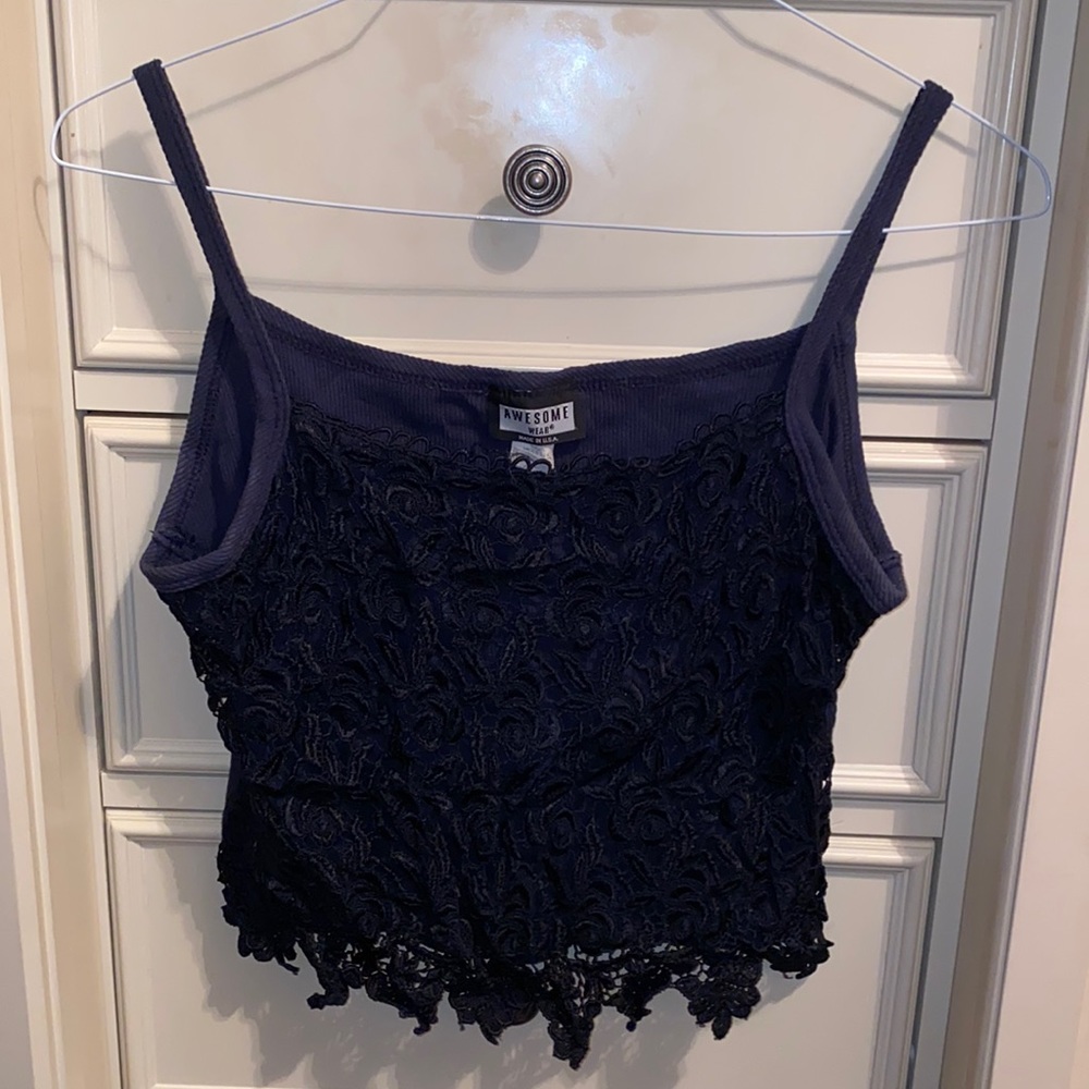 Black cotton tank with floral lace front